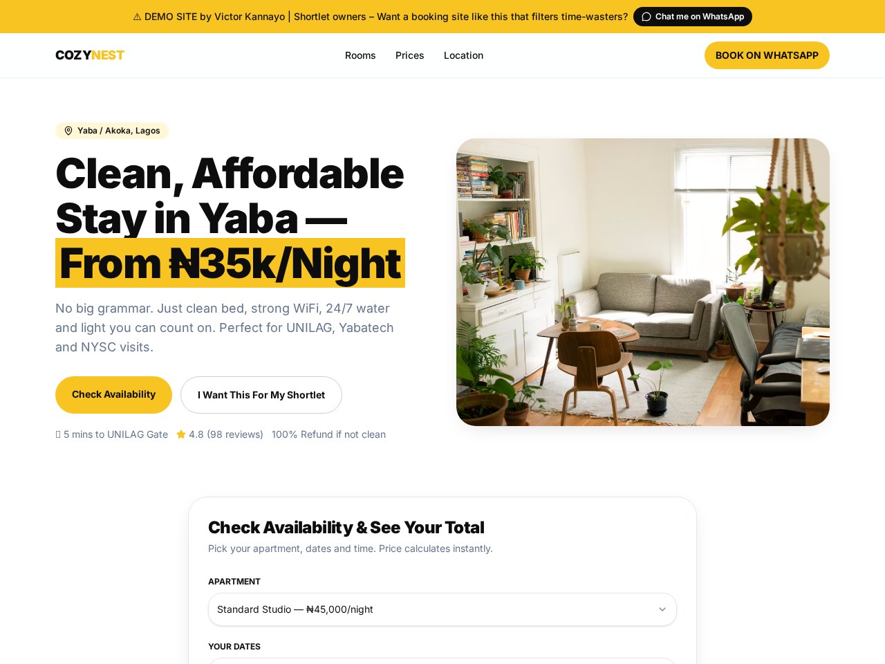 Cozy Nest Yaba direct booking website